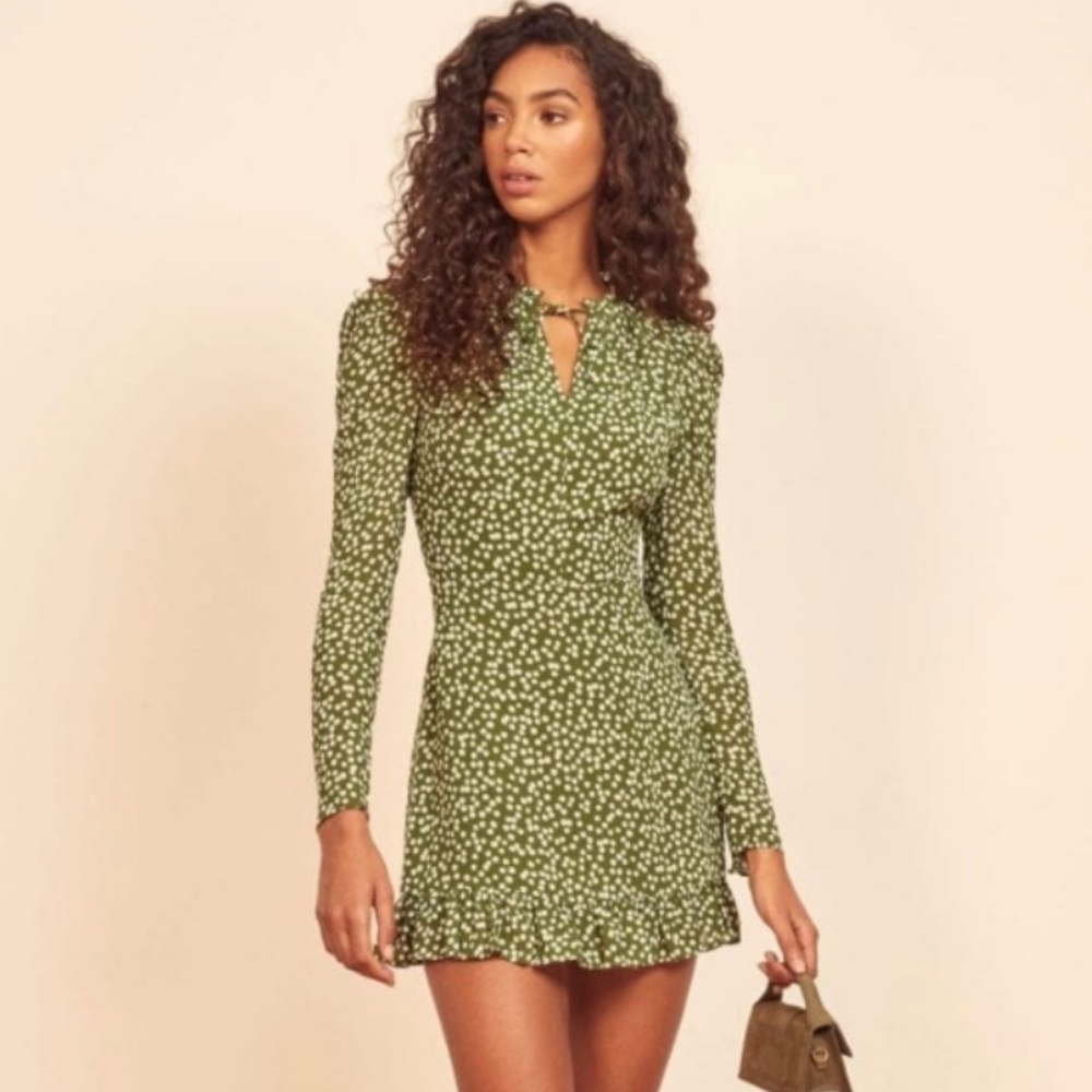 Reformation Marcy green dotted mini dress